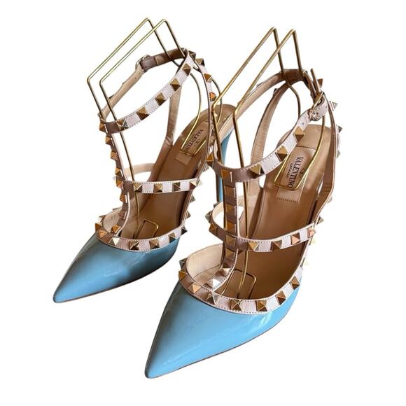 Valentino Garavani Rockstud Blue Ciel Leather T Ankle Strap Pumps EU 38 US 8 - Picture 3 of 14